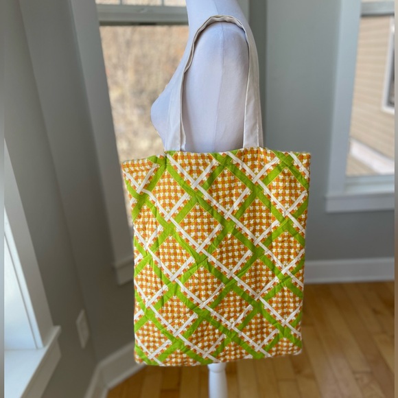 Vintage 60’s 70’s Yellow Green Orange Plaid Graphic Oversized Quilted Tote Bag - Picture 1 of 14